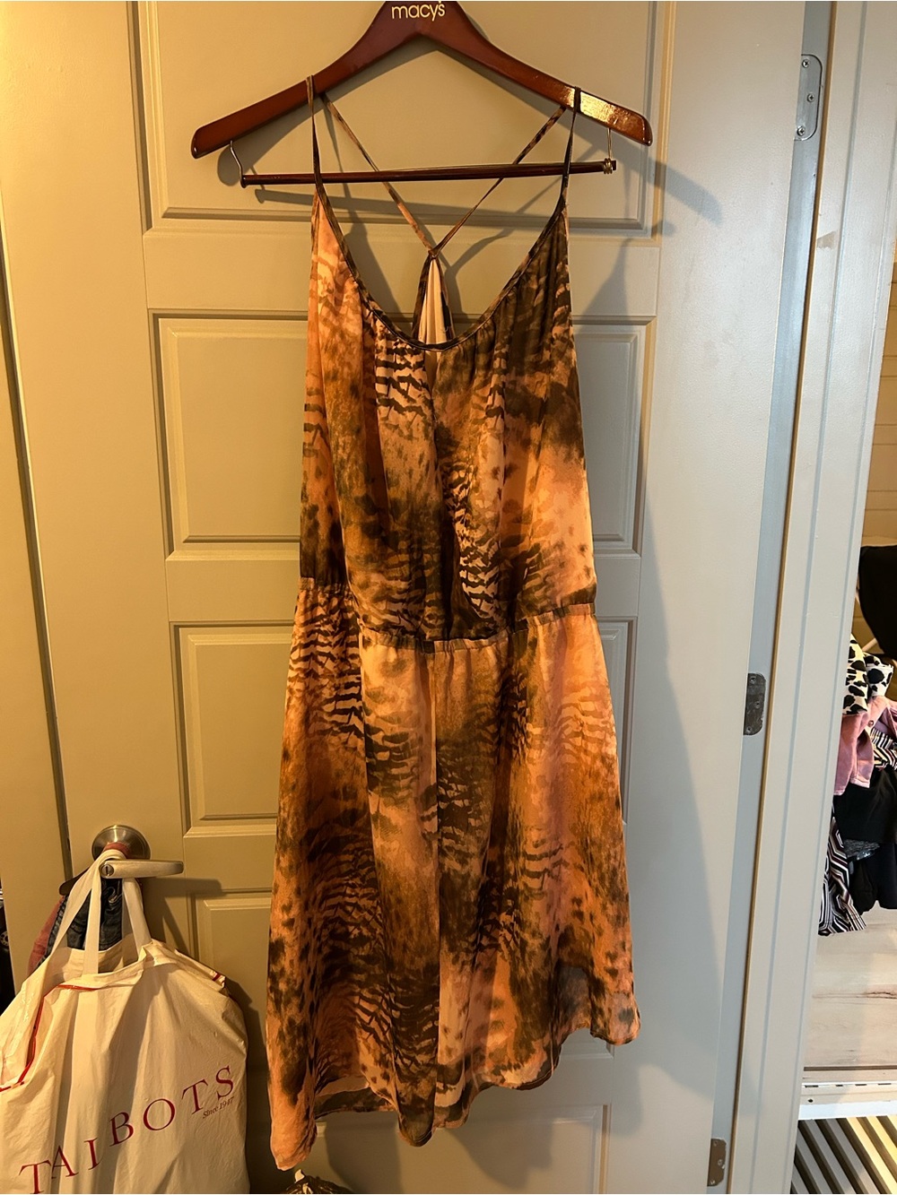 Tie-Dye Asymmetrical Strappy Midi Dress in Brown